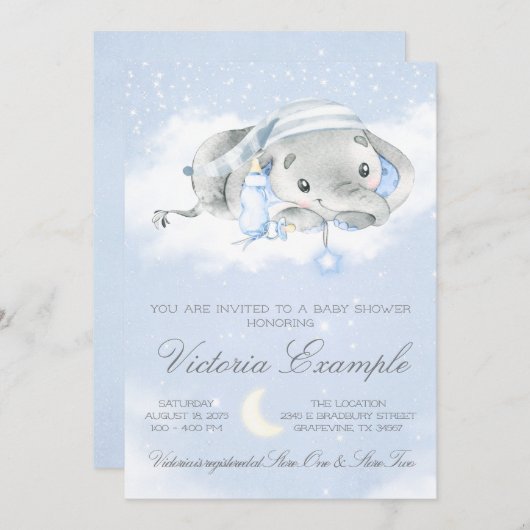 ベッドタイム男の赤ちゃんゾウ赤ちゃんシャワー 招待状 (正面/裏面)