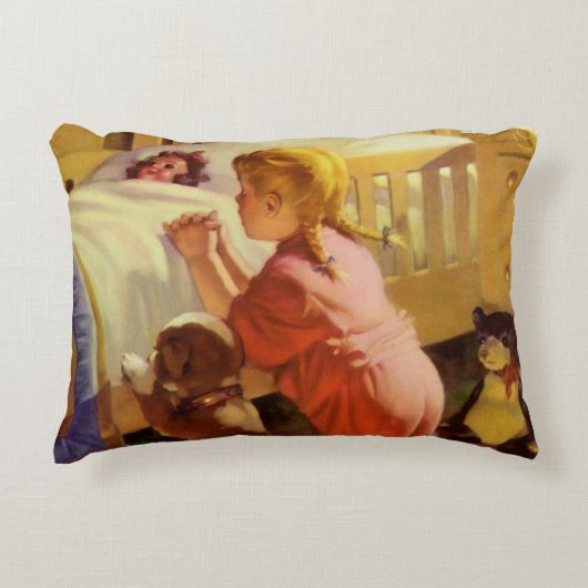 ベッドタイム祈りの言葉、子犬と女の子、ヴィンテージ宗教 アクセントクッション (正面)