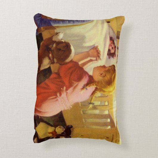 ベッドタイム祈りの言葉、子犬と女の子、ヴィンテージ宗教 アクセントクッション (裏面(縦))