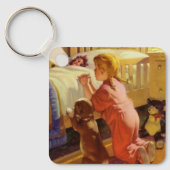 ベッドタイム祈りの言葉、子犬と女の子、ヴィンテージ宗教 キーホルダー (正面)