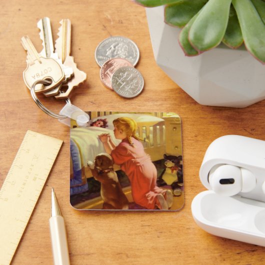 ベッドタイム祈りの言葉、子犬と女の子、ヴィンテージ宗教 キーホルダー (デスク)