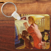 ベッドタイム祈りの言葉、子犬と女の子、ヴィンテージ宗教 キーホルダー (正面)