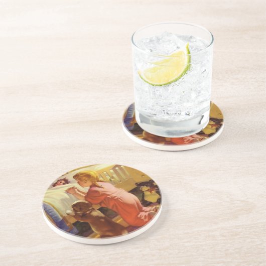 ベッドタイム祈りの言葉、子犬と女の子、ヴィンテージ宗教 コースター (側面)