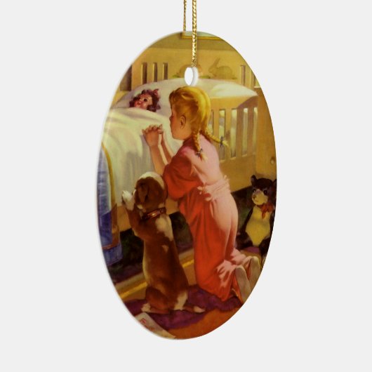 ベッドタイム祈りの言葉、子犬と女の子、ヴィンテージ宗教 セラミックオーナメント (右)