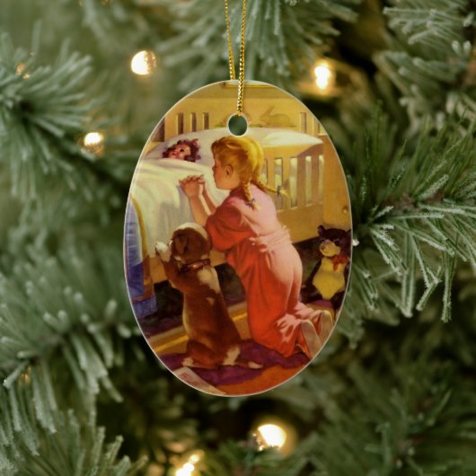 ベッドタイム祈りの言葉、子犬と女の子、ヴィンテージ宗教 セラミックオーナメント (ツリー)