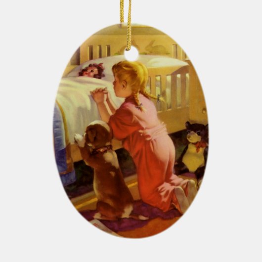 ベッドタイム祈りの言葉、子犬と女の子、ヴィンテージ宗教 セラミックオーナメント (裏面)