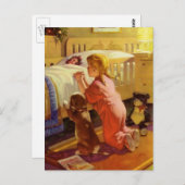 ベッドタイム祈りの言葉、子犬と女の子、ヴィンテージ宗教 ポストカード (正面/裏面)