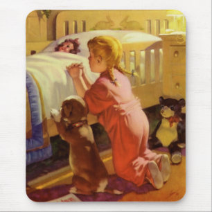 ベッドタイム祈りの言葉、子犬と女の子、ヴィンテージ宗教 マウスパッド