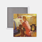 ベッドタイム祈りの言葉、子犬と女の子、ヴィンテージ宗教 マグネット (正面/裏面)