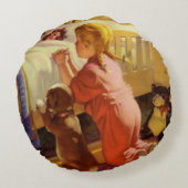 ベッドタイム祈りの言葉、子犬と女の子、ヴィンテージ宗教 ラウンドクッション (裏面)