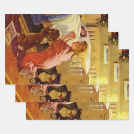 ベッドタイム祈りの言葉、子犬と女の子、ヴィンテージ宗教 ラッピングペーパーシート (セット)