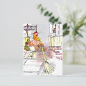 ベッドルームへの箒の取り付け階段の鶏 ポストカード (スタンド正面)