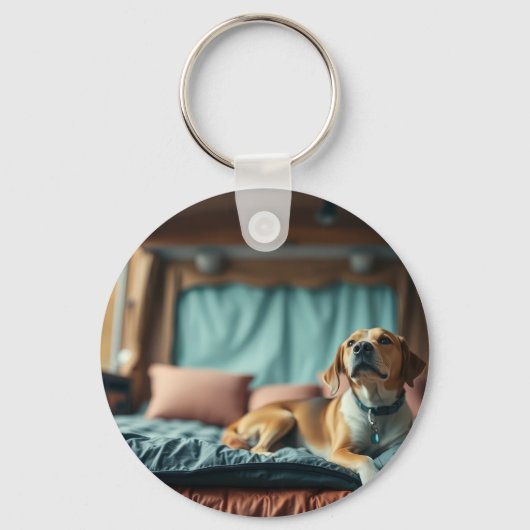 ベッド上の犬 キーホルダー (正面)
