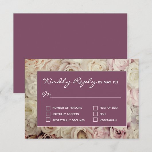 ベッド・オブ・バラ&アマランスピンクRSVPカード 出欠カード (正面/裏面)