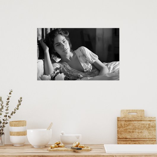 ベッドB&Wの写真でくつろぐ女性 ポスター (キッチン)