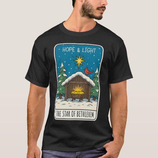 ベツレヘムの星の希望と光　キリスト降誕のシーン Tシャツ (正面)