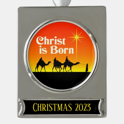 ベツレヘム・クリスマスの三人の賢者スター シルバープレートバナーオーナメント (正面)