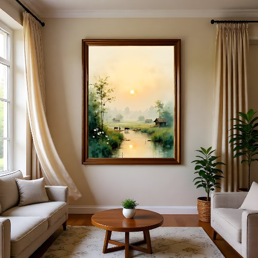 ベトナムの朝の霧に包まれた村の水彩画アート キッチンタオル