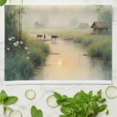 ベトナムの朝の霧に包まれた村の水彩画アート キッチンタオル (折り畳み)