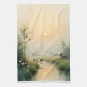 ベトナムの朝の霧に包まれた村の水彩画アート キッチンタオル (縦)