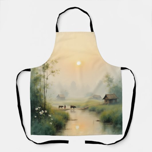 ベトナムの朝霧の村 水彩画 エプロン (正面)
