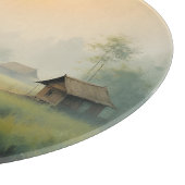 ベトナムの朝霧の村 水彩画 カッティングボード (角)