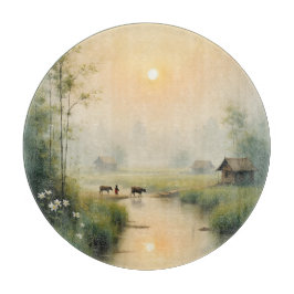 ベトナムの朝霧の村 水彩画 カッティングボード