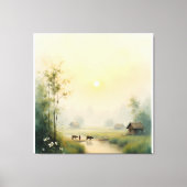 ベトナムの朝霧の村 水彩画 キャンバスプリント (正面)