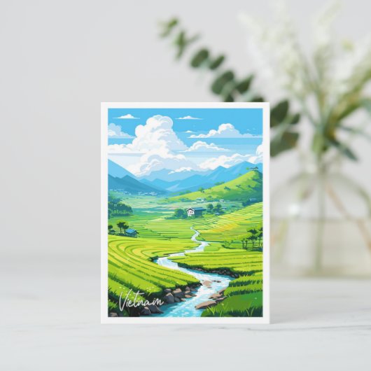 ベトナムアートトラベルヴィンテージイラストレーション ポストカード (スタンド正面)