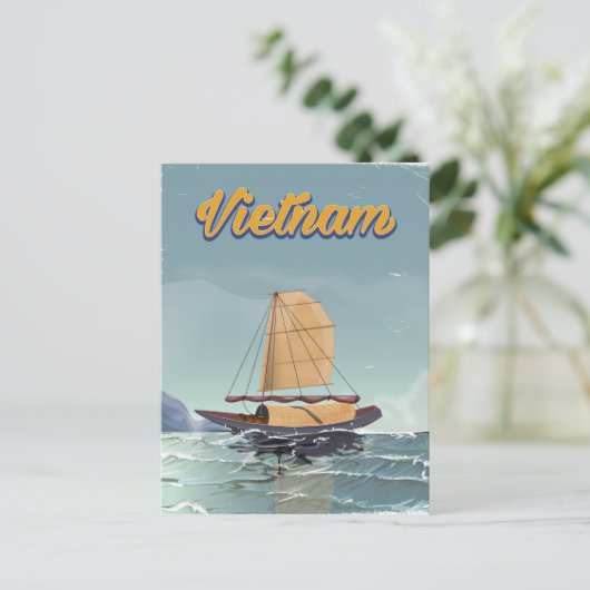 ベトナム魚釣りボートヴィンテージ旅行ポスター ポストカード (スタンド正面)