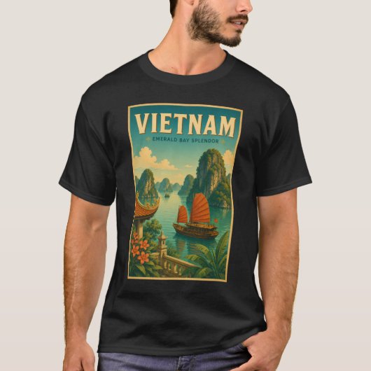 ベトナム ハロン湾 イラスト 旅行 アート レトロ Tシャツ (正面)