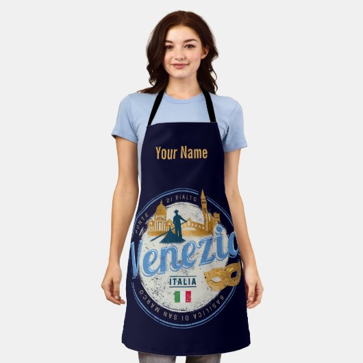 ベニスとゴンドラのイタリアカーニバルヴィンテージ エプロン (着用した状態)