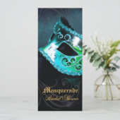 ベニスのティール（緑がかった色）の仮面舞踏会のブライダルシャワーの招待状 招待状 (スタンド正面)