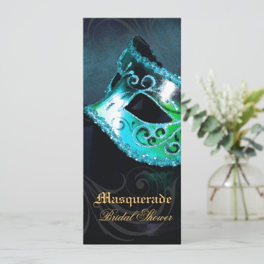 ベニスのティール(緑がかった色)の仮面舞踏会のブライダルシャワーの招待状 招待状 (スタンド正面)