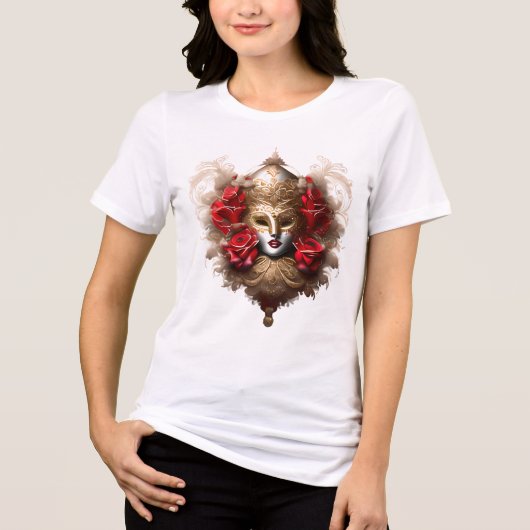 ベニスの仮装マスク金ゴールド赤いバラがマスク トライブレンドTシャツ (正面)