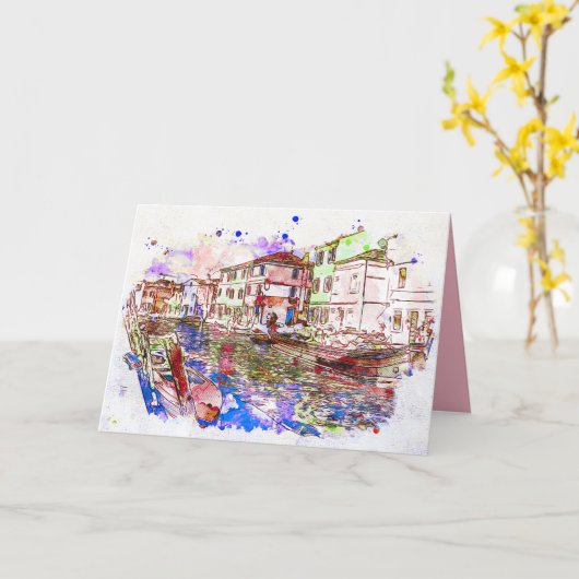 ベニスイタリアのゴンドラの水彩画の絵画 カード (黄色い花)