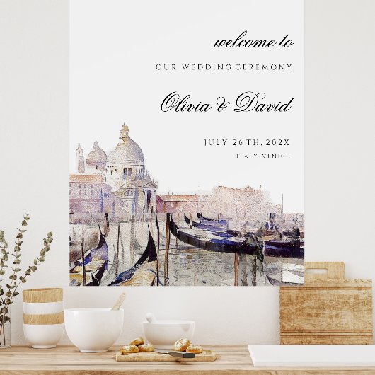 ベニス結婚の台本の水彩歓迎サイン ポスター (キッチン)