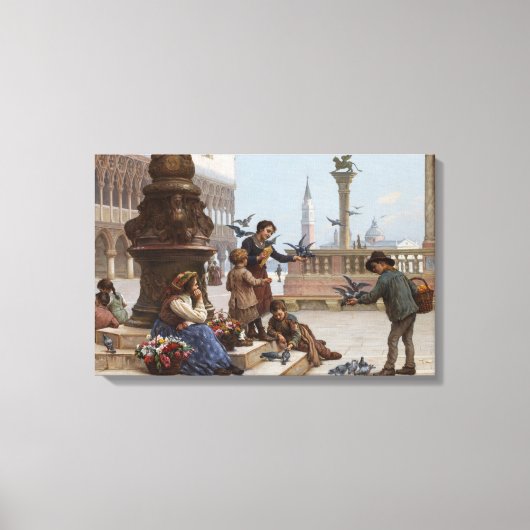ベニス食べ物を与えの子ども鳩(by Paoletti) キャンバスプリント (正面)