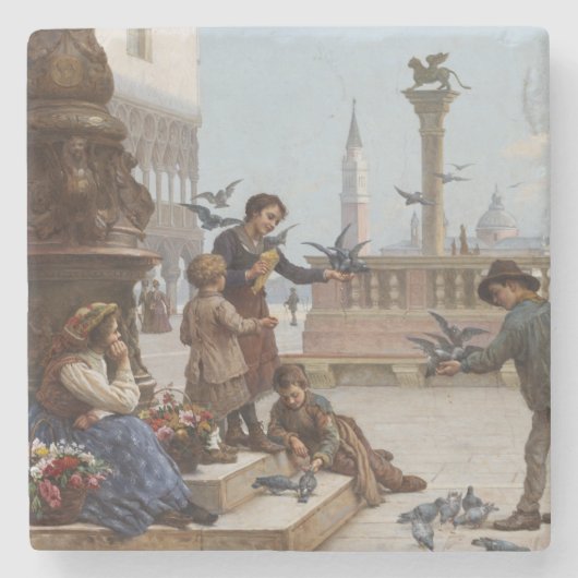 ベニス食べ物を与えの子ども鳩(by Paoletti) ストーンコースター (正面)