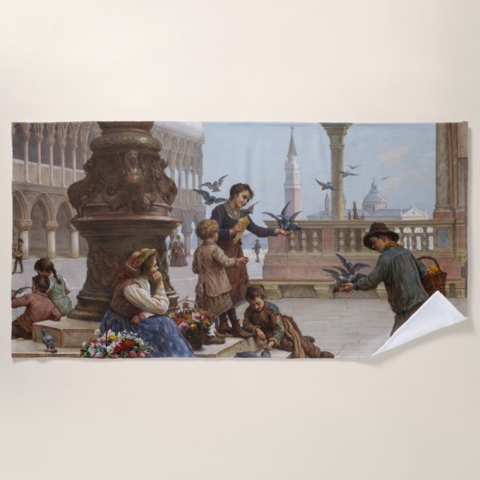 ベニス食べ物を与えの子ども鳩(by Paoletti) ビーチタオル (正面)