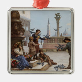 ベニス食べ物を与えの子ども鳩(by Paoletti) メタルオーナメント