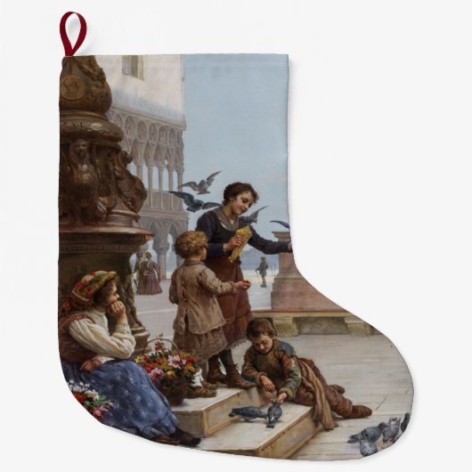 ベニス食べ物を与えの子ども鳩(by Paoletti) ラージクリスマスストッキング (正面)