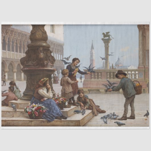 ベニス食べ物を与えの子ども鳩(by Paoletti) 薄葉紙 (正面)