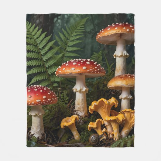 ベニテングタケの森の植物画 フリースブランケット (正面)