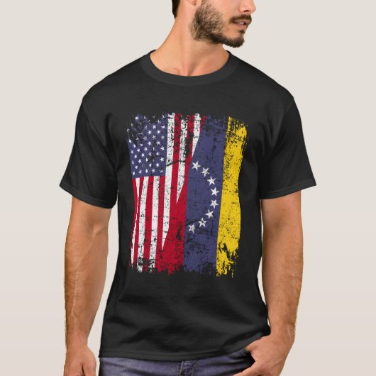 ベネズエラのルーツハーフアメリカ国旗ベネズエラ Tシャツ (正面)