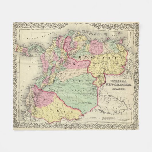 ベネズエラ、エクアドル、コロンビア(1855年)のヴィンテージの地図 フリースブランケット (正面(横))