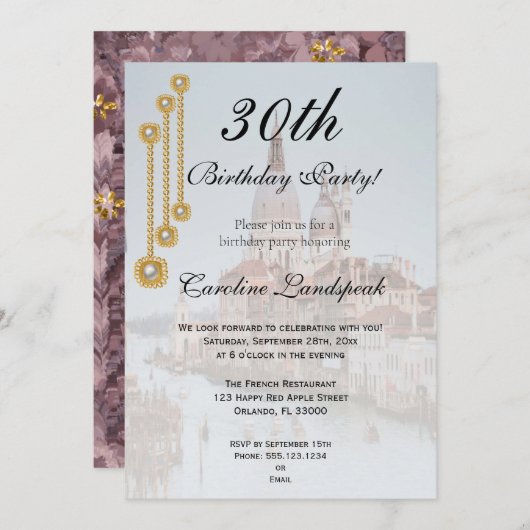 ベネチアに咲くゴールド＆ホワイトパールのジュエル　ハッピー・バースデー 招待状 (正面/裏面)