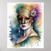 ベネチアンマスクの水色を着絵画た女性 ポスター (正面)