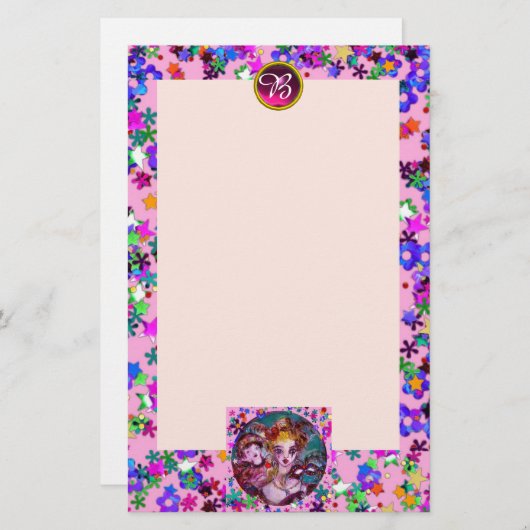 ベネチアン仮装マスク,紙吹雪ピンクモノグラム 便箋 (正面/裏面)