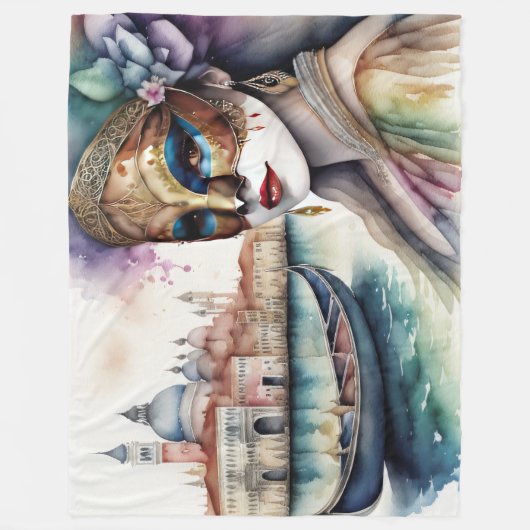 ベネチ絵を描アンマスクを着た水彩女性 フリースブランケット (正面)
